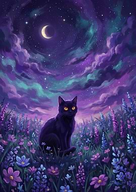 Black Cat in a Starry Floral Field
