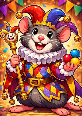 Jester Mouse Holding Jester Staff and Balls
