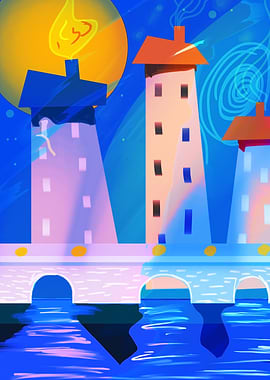 Stylized Cityscape with Bridge and Water