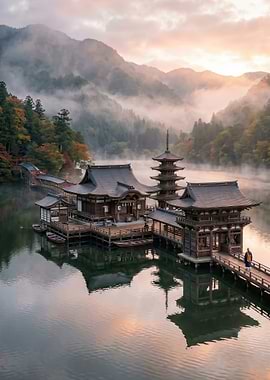 Misty Japanese Temple on Lake