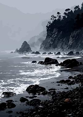 Misty Coastal Landscape with Rocky Shore