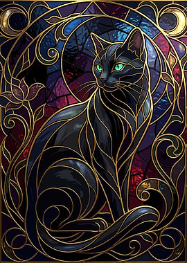 Stained Glass Black Cat with Green Eyes