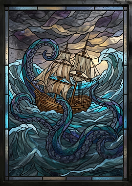 Kraken Attacks Sailing Ship in Stormy Seas