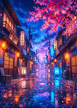Anime Street at Night with Cherry Blossoms Japan Art