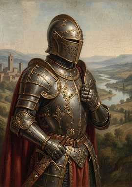 Knight in Ornate Armor with Landscape Background
