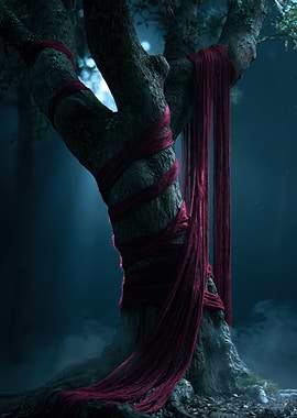 Tree Wrapped in Red Fabric