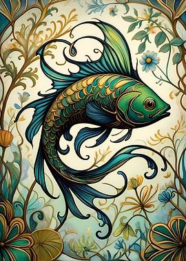 Art Nouveau Fish with Floral Border