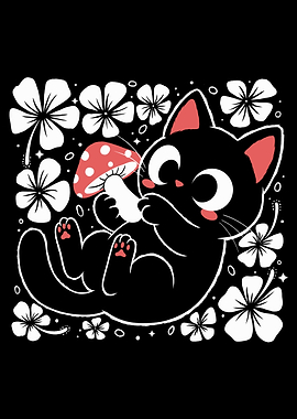 Cute Black Cat with Mushroom and Flowers
