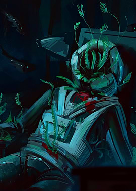 Astronaut suit overgrown with plants