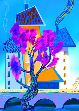 Whimsical Cityscape with Vibrant Tree