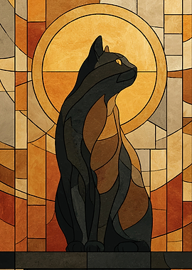 Stained Glass Black Cat with Sun
