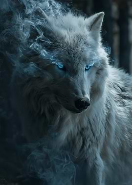 Mystical White Wolf with Blue Eyes