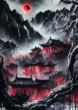 Mystical Asian Pagodas Under a Blood Moon