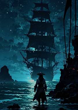 Pirate Captain Gazes at Ghost Ship
