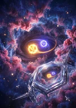 Cosmic Nebula with Binary Stars and Space Station