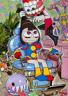 Surreal Haircut Scene with Cartoon Characters