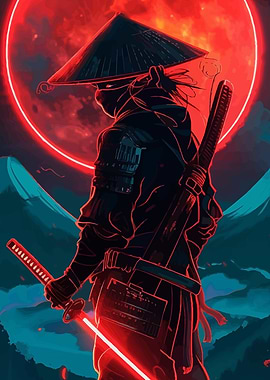Samurai Warrior Under a Red Moon