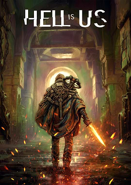 Warrior with glowing sword in hellish corridor