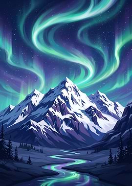 Majestic Aurora Over Snowy Mountain Peaks