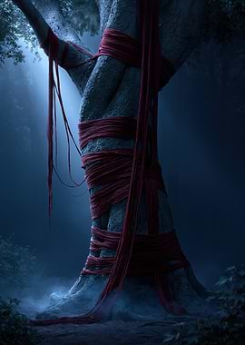 Mysterious Tree Wrapped in Red Fabric