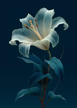 Ethereal White Lily on Dark Blue Background