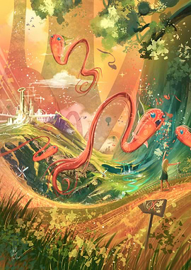 Whimsical Fantasy Landscape with Flying Red Fish Creatures