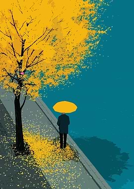 Person with Yellow Umbrella in Autumn