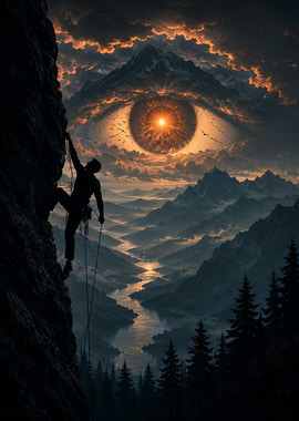 Climber Ascends Towards Cosmic Eye