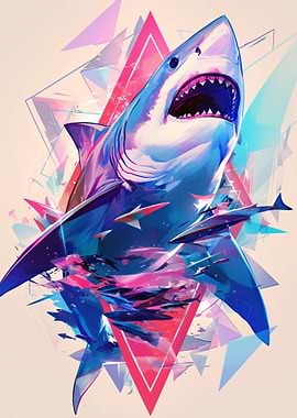 Aggressive Shark with Geometric Background