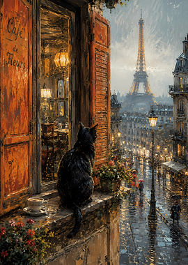 Black Cat in Paris Cafe Window