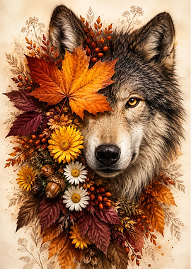 Wolf with Autumn Leaves and Flowers