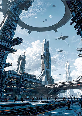 Futuristic Cityscape with Spaceships