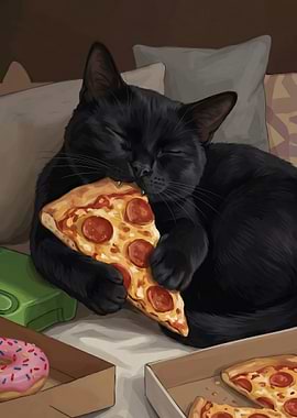 Black cat eating pizza poster