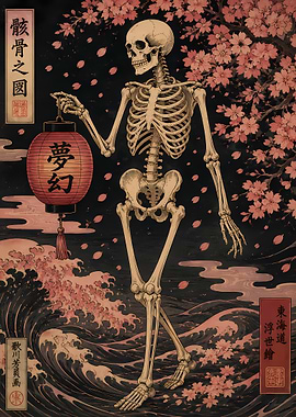 Skeleton with Lantern and Cherry Blossoms
