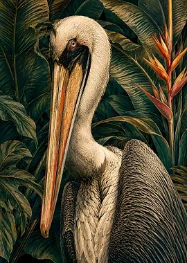 Pelican in lush tropical foliage