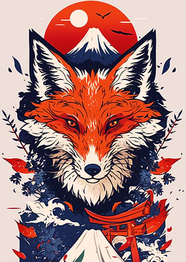 Japanese Fox Spirit with Mount Fuji