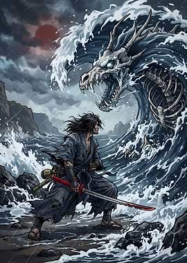 Samurai Duel with Skeletal Sea Dragon