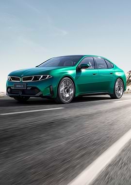 Green BMW Sedan on a Highway
