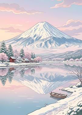 Snowy Mount Fuji Reflection