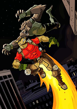 Anthropomorphic characters in a city battle