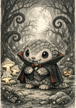 Cute Vampire Pangolin in Spooky Forest