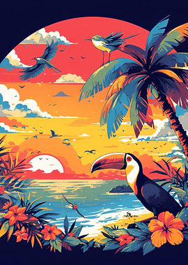 Tropical Sunset with Toucan and Birds