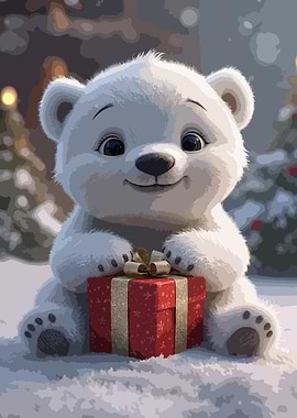 Cute Polar Bear with Christmas Gift