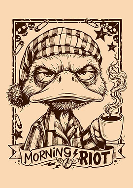 Grumpy Duck in Pajamas with Coffee