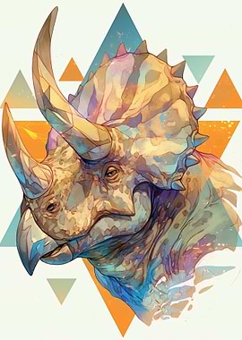 Watercolor Triceratops with Geometric Background