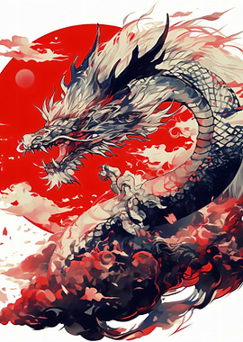 Majestic Dragon with Red Sun