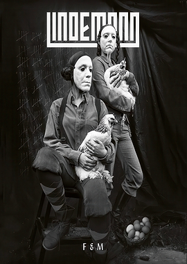 Two figures in masks with chickens