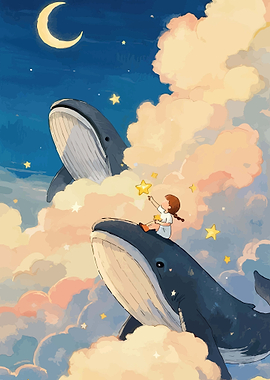 Girl Reaching for Stars on Whales in Clouds