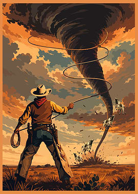 Cowboy Lassoing Cows in a Tornado