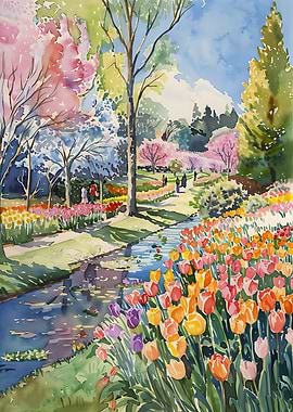 Watercolor Garden with Tulips and Stream